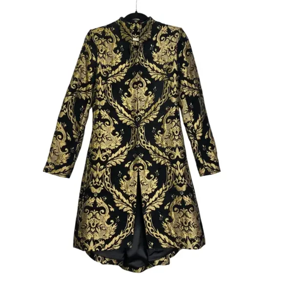 Alice‎ + Olivia Black Gold Brocade Jacquard Collarless Long Jacket Coat XS - Picture 4 of 9